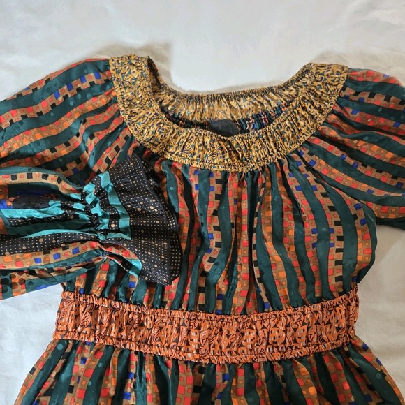 Anna Sui 2008 Silk Dress Long Sleeve Elasticized‎ Smocking  Flare Size 2 XS - Picture 6 of 8